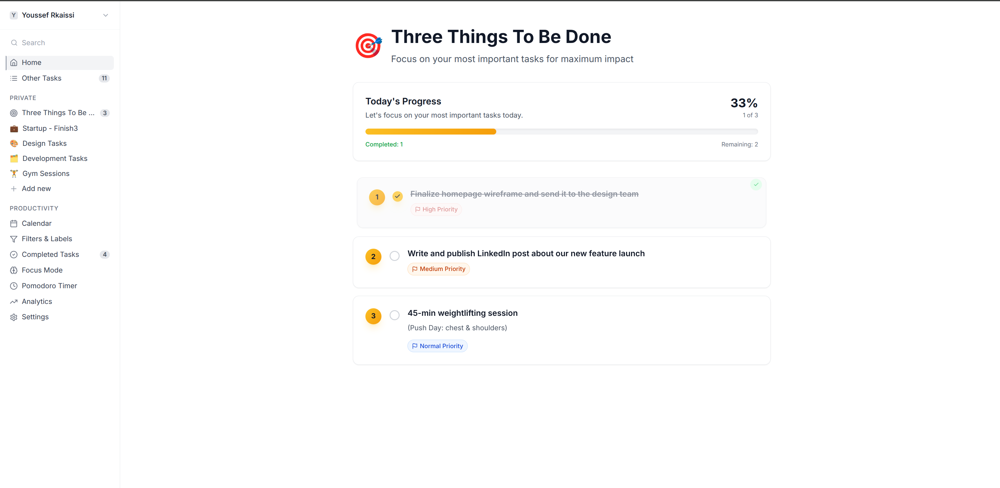 Finish3 main dashboard showing Three Things To Be Done with daily progress tracking and task prioritization